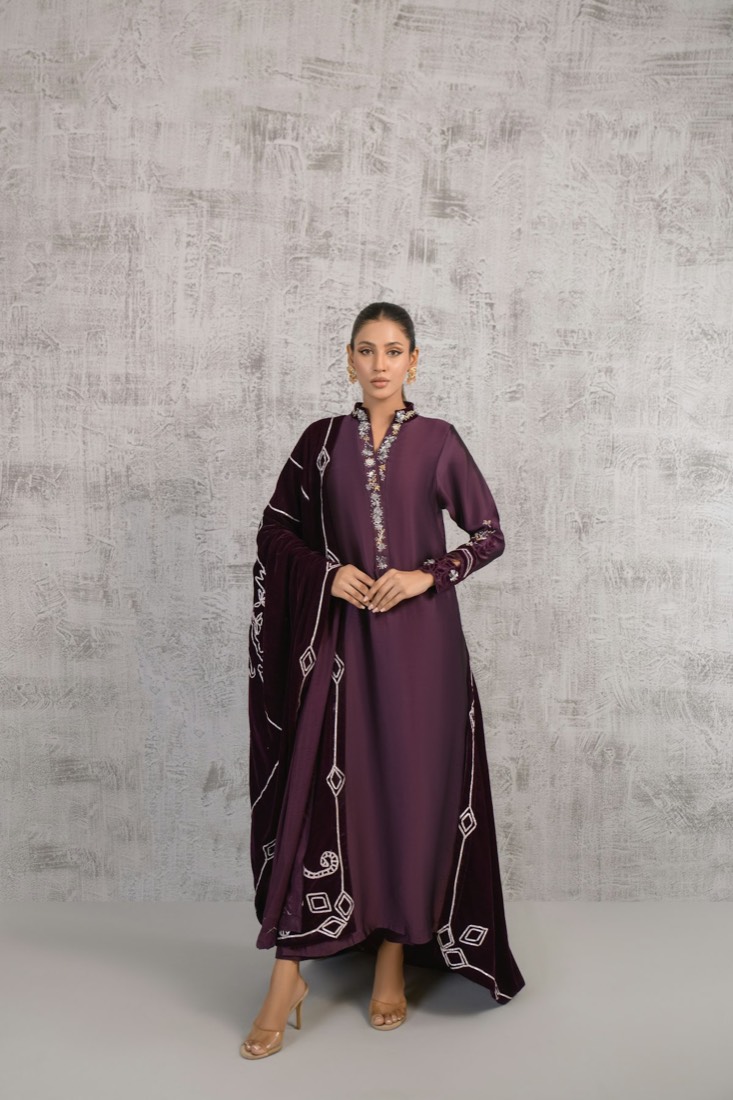 Plum Raw Silk Kurta with Shawl